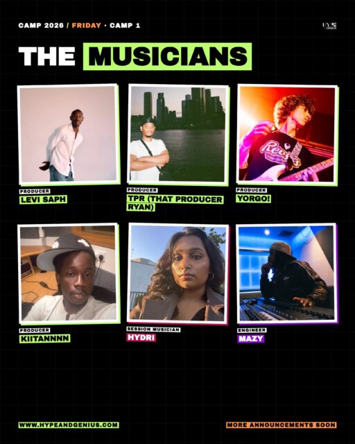 Meet the first wave of producers, musicians and engineers of Friday’s camp 🔥

Stay tuned for more announcements over the coming days 

@levisaph 
@kiitannnn 
@that.producer.ryan 
@georgefaullkner 
@hy.dri 
@y_mazy